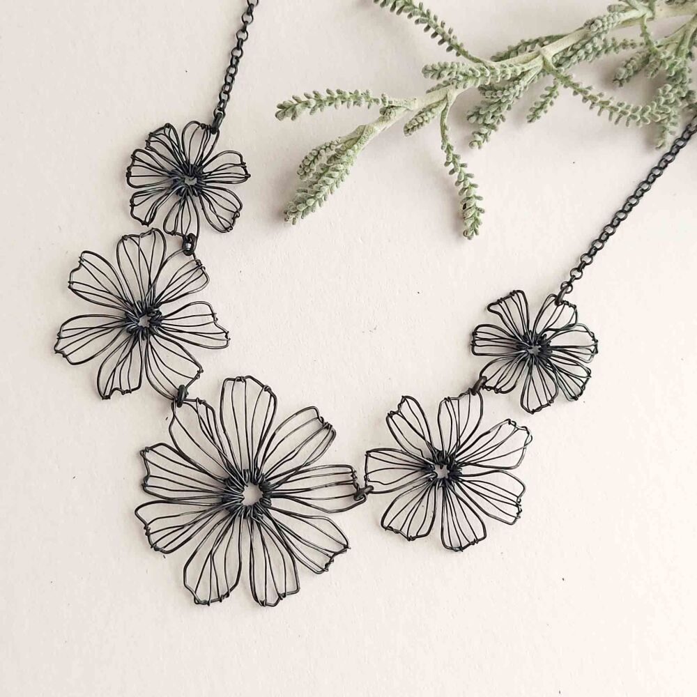 Ready to Ship -Silver Flower Statement Necklace - Oxidised