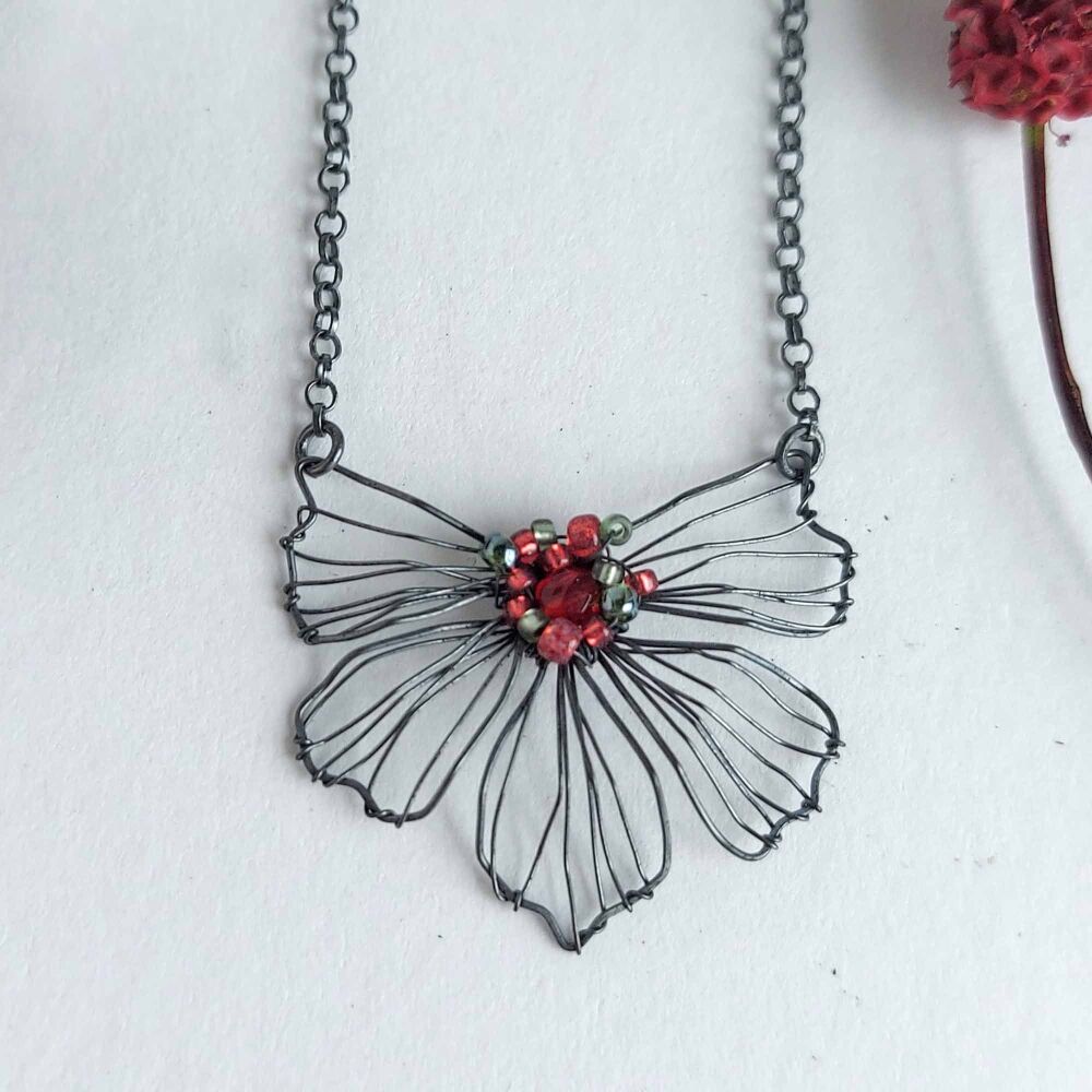 Ready to ship - Petal Flower Necklace - Red  & Green beads