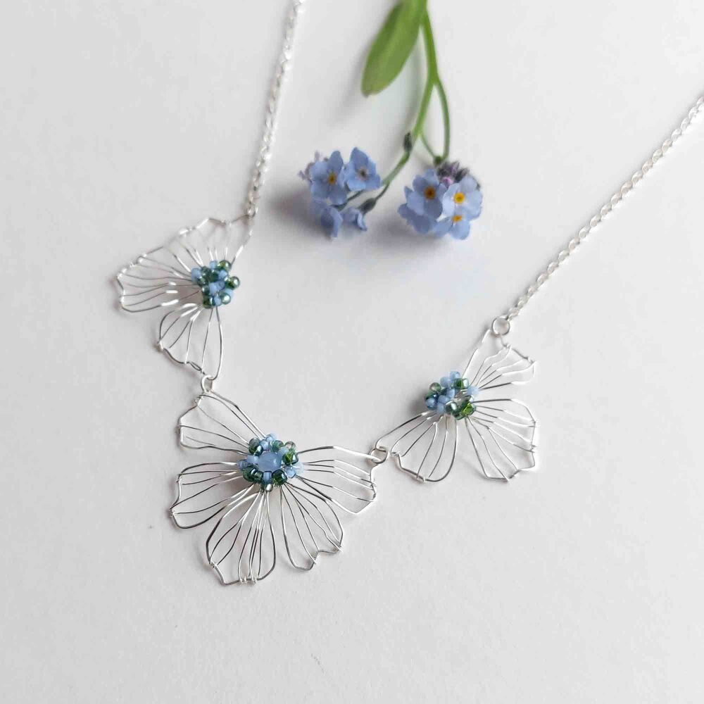 Ready to Ship -Petal Three Flower Necklace - Blue & green beads