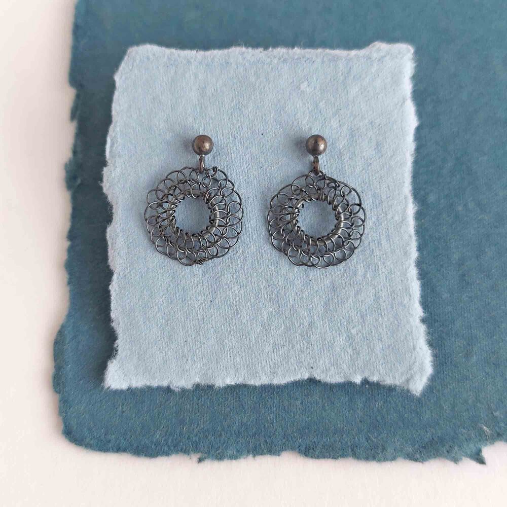 Ready to ship - Tiny Stitched Oxidised Silver Stud Earrings