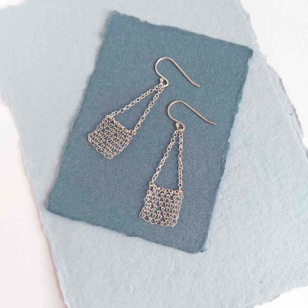 Ready to ship - Stitched Silver Square Drop Earrings