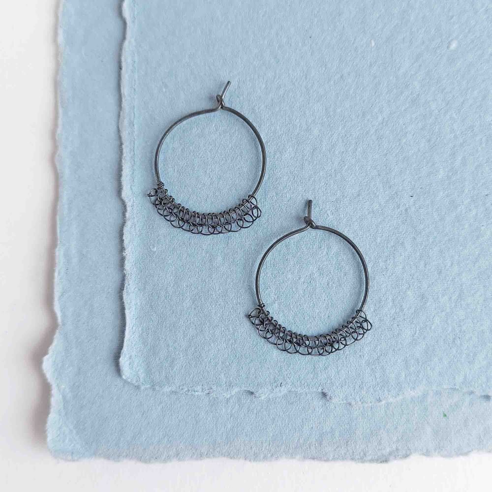 Ready to ship - Small Stitched Oxidised Silver Hoop Earrings