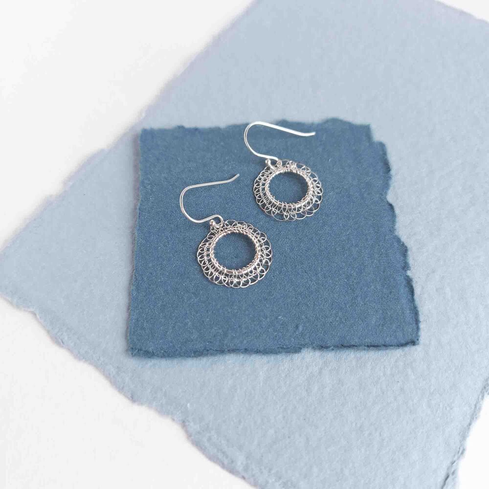 Ready to ship - Stitched Silver Circle Earrings