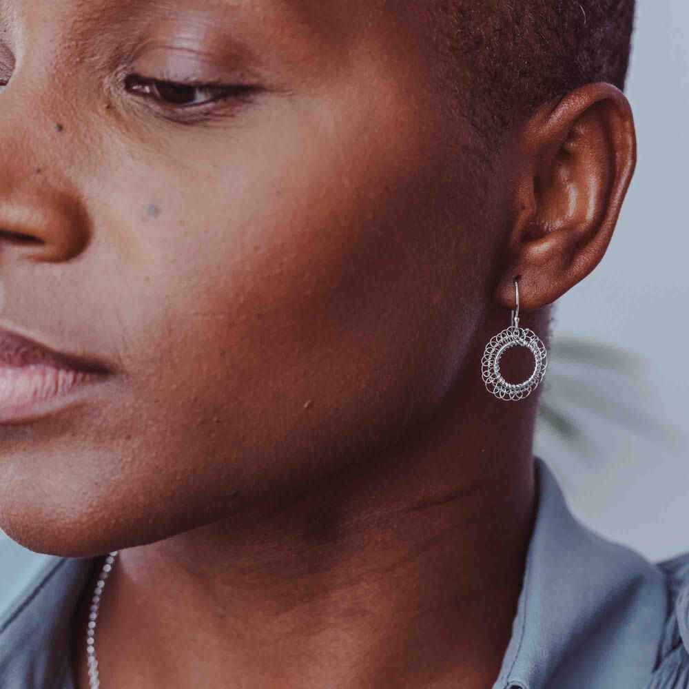 Ready to ship - Stitched Silver Circle Earrings