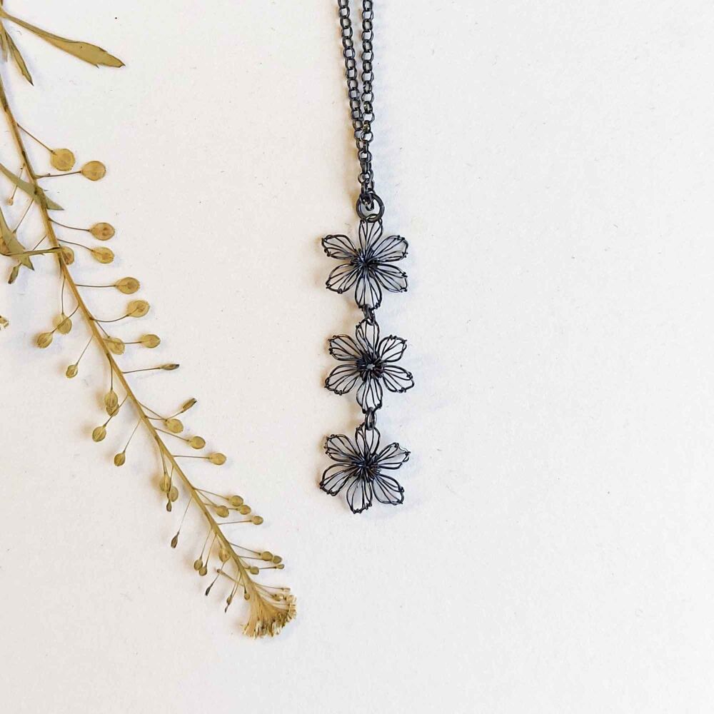 Ready to ship -Tiny Silver Flower Triple Pendant - Oxidised silver