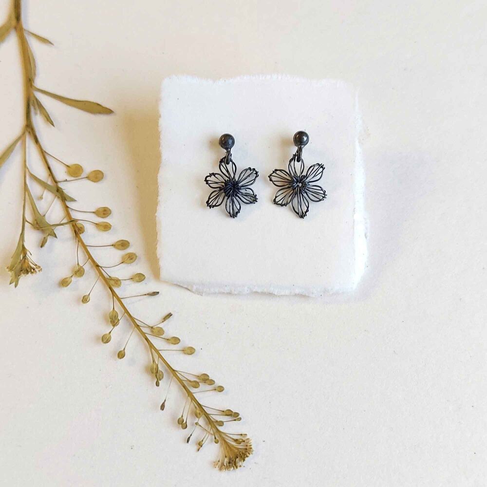 Tiny Six Petal Silver Flower Studs - Oxidised silver