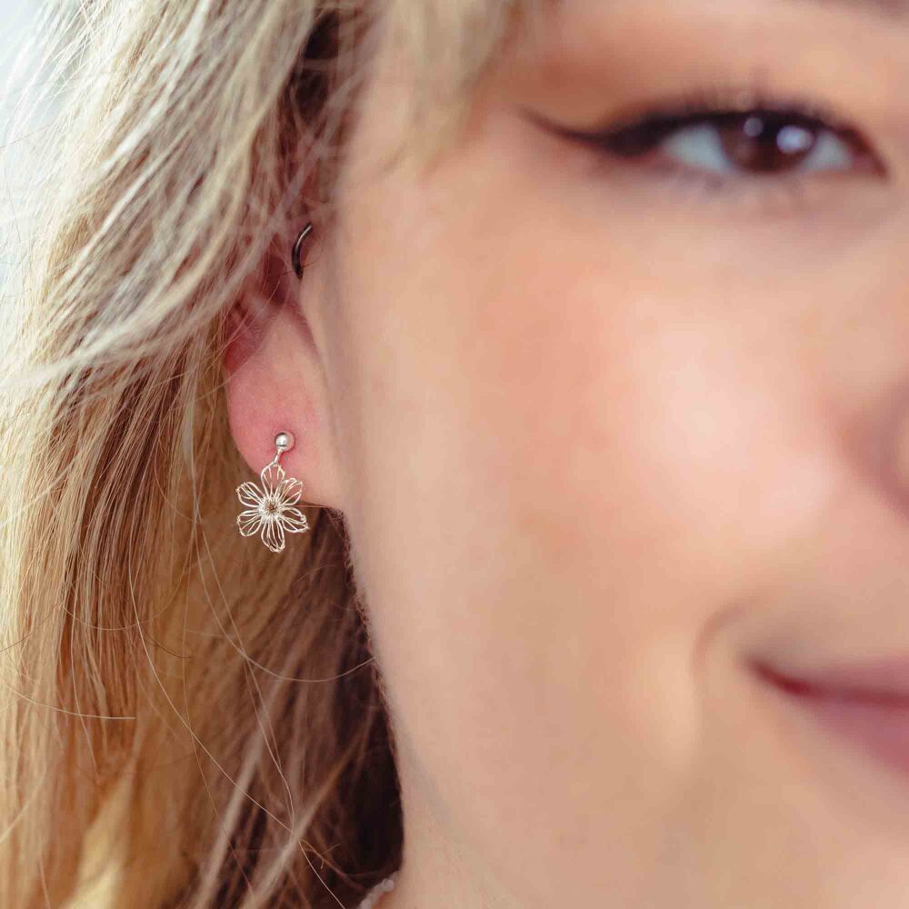 Tiny Six Petal Silver Flower Studs - Oxidised silver