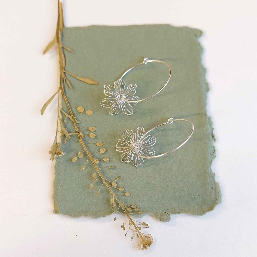 Ready to ship - Silver Wire Flower Oxidised Hoop Small Earrings