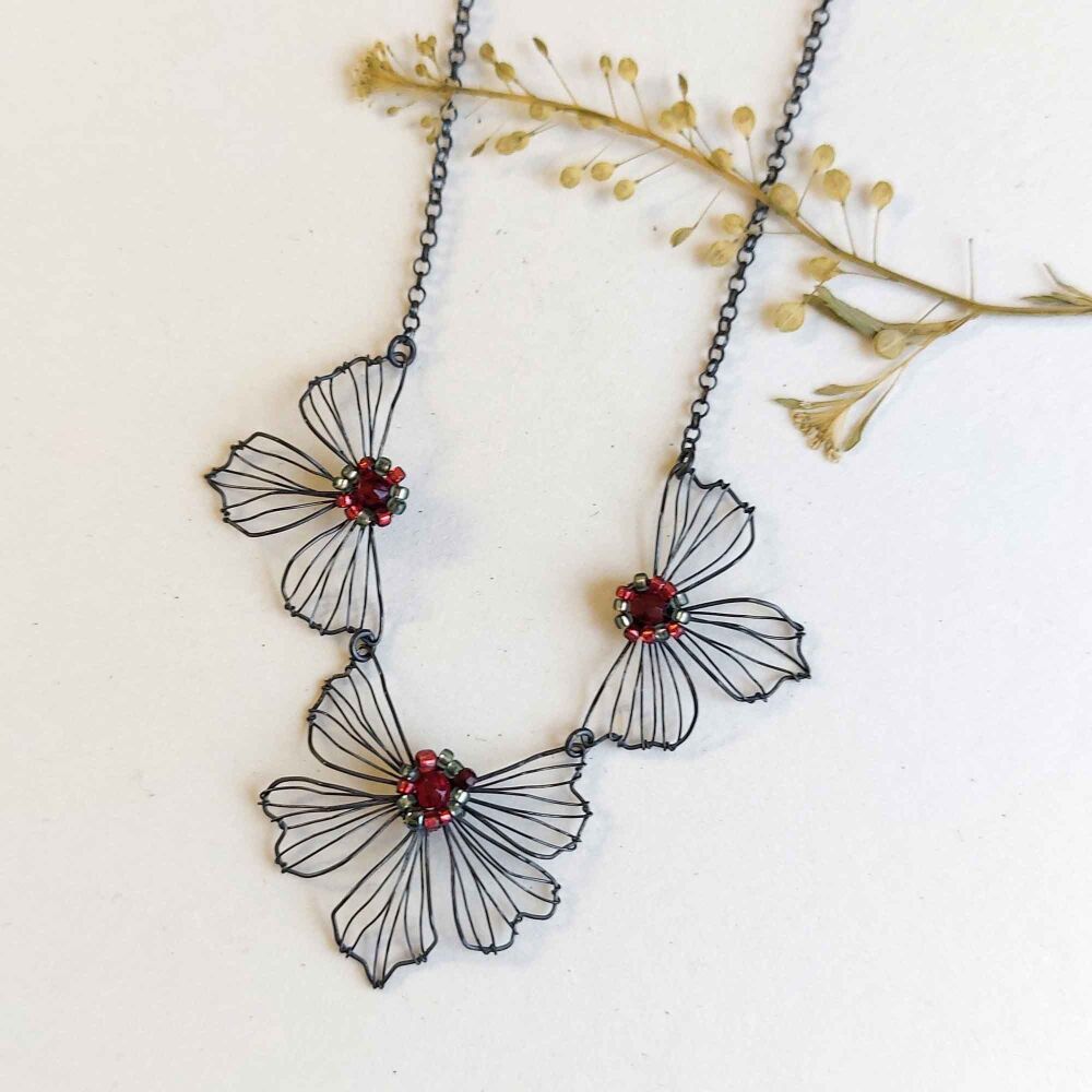 Ready to Ship -Petal Three Flower Necklace - Red & green beads