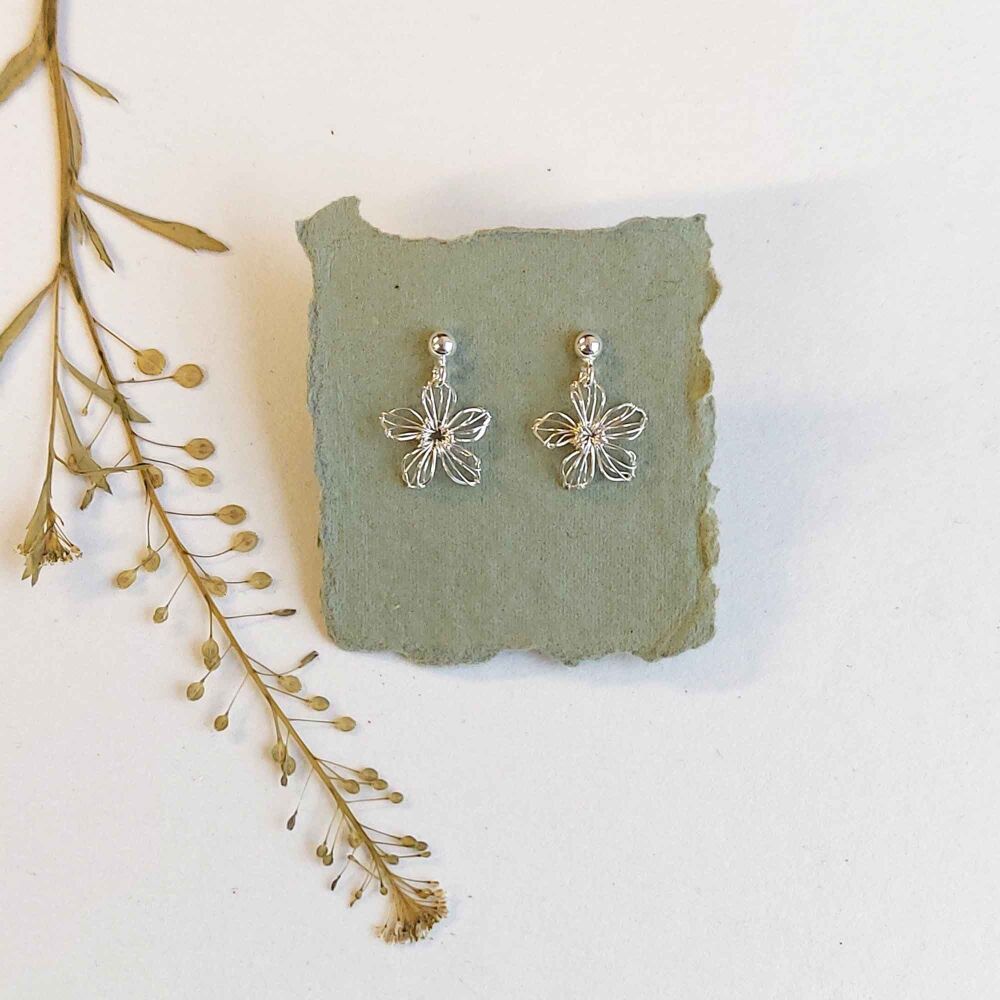 Ready to ship - Tiny Five Petal Silver Flower Studs - Silver