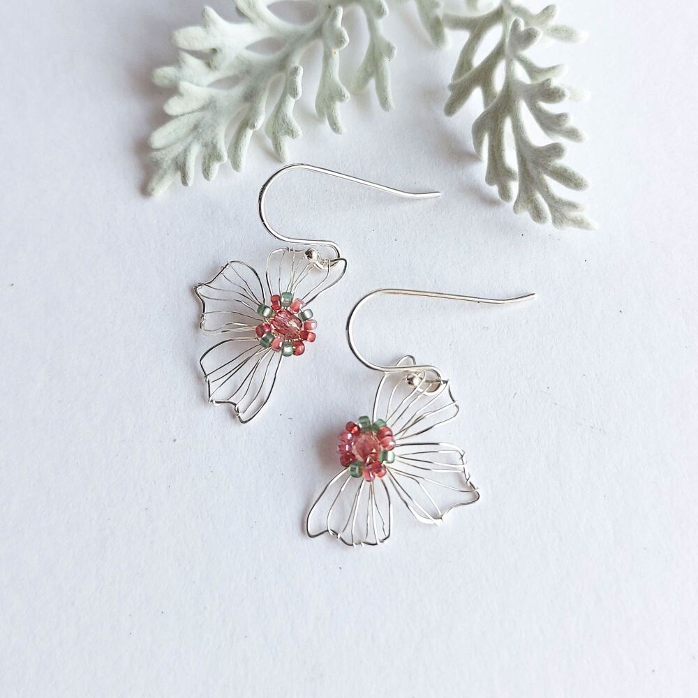 Ready to ship - Petal Flower Earrings - Dusky pink & green beads