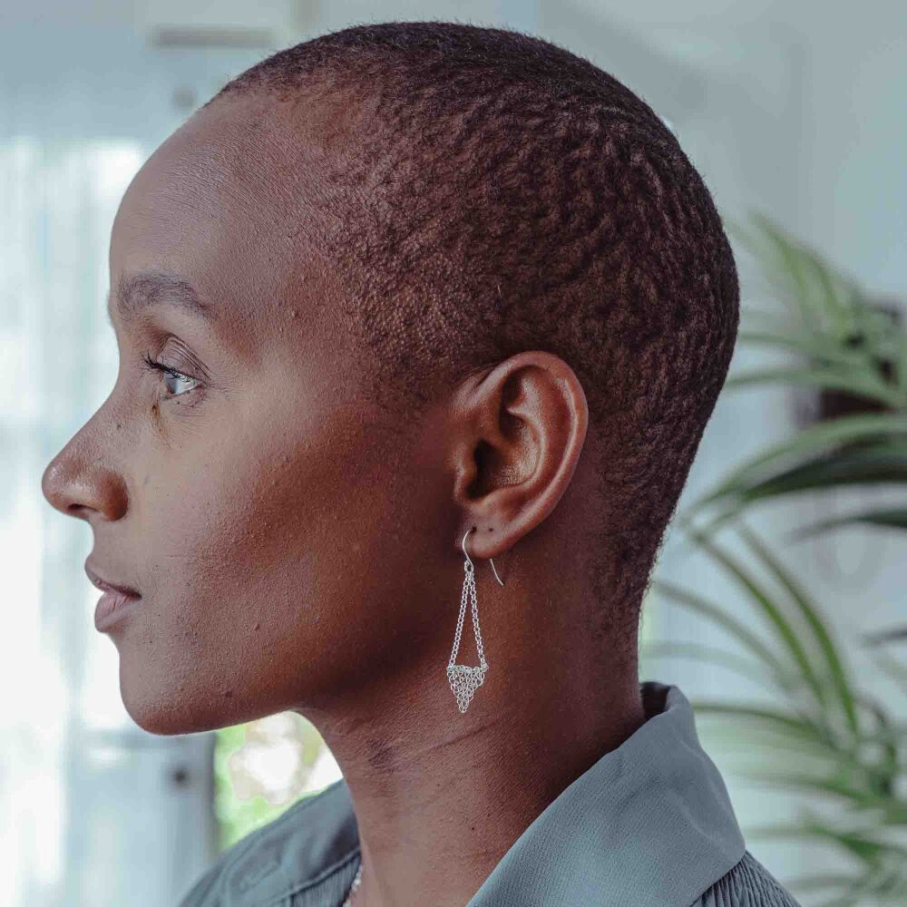 Stitched Silver Triangle Drop Earrings