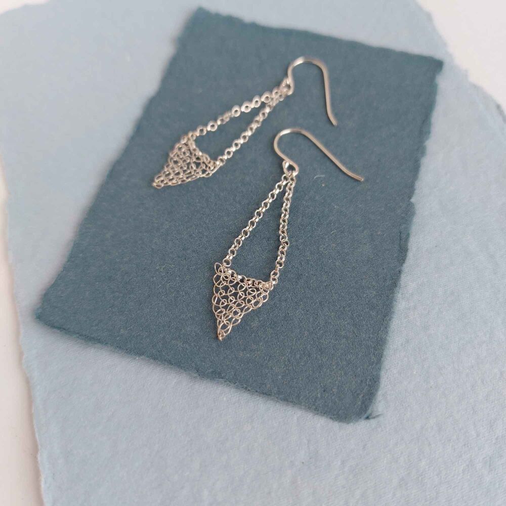 Stitched Silver Triangle Drop Earrings