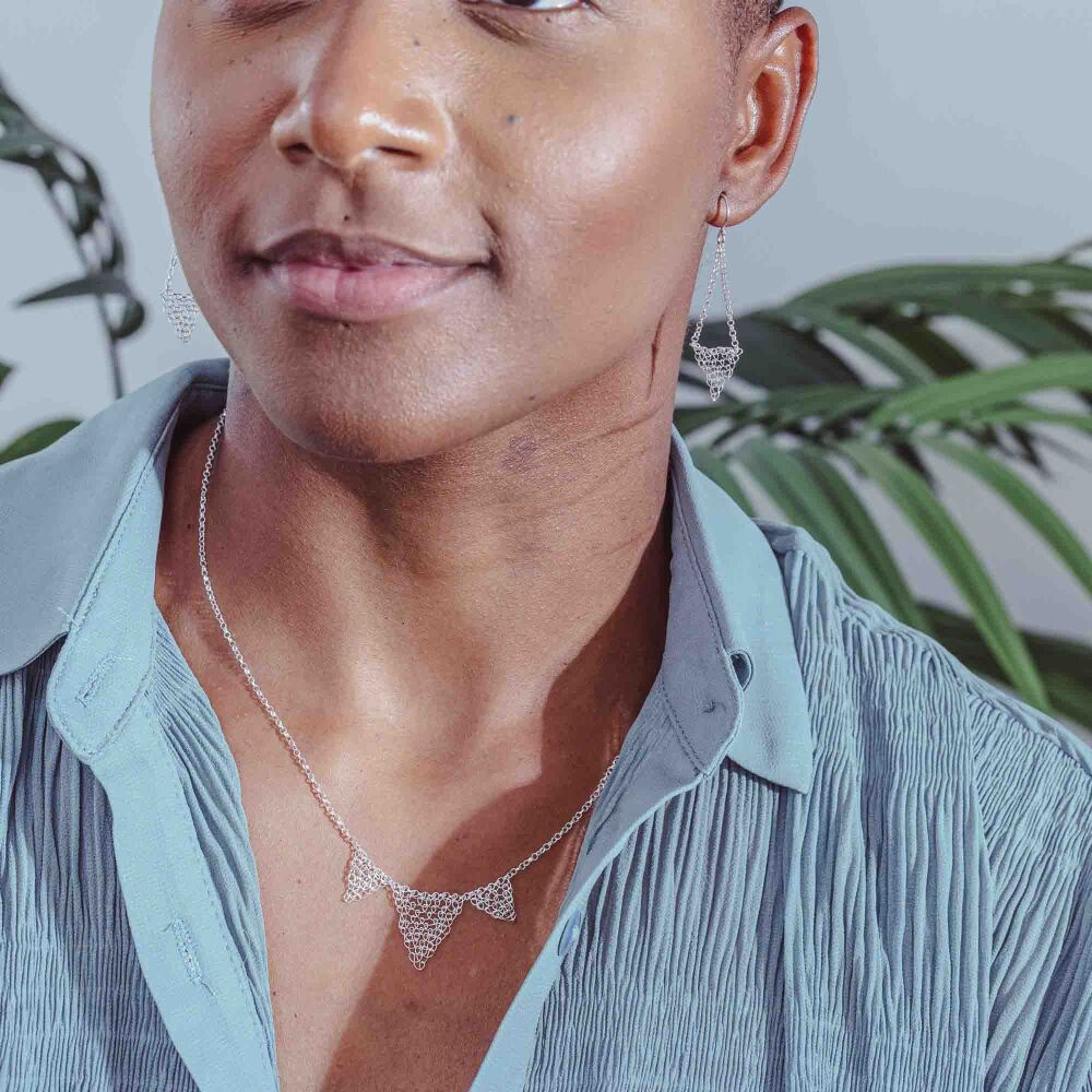 Stitched Silver Triple Triangle Necklace