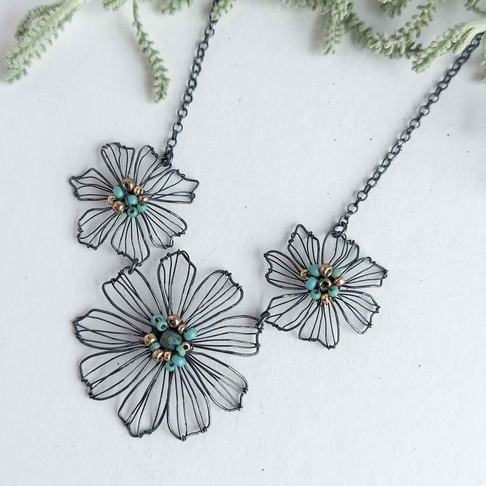 Beaded Three Flower Necklace - More Colours