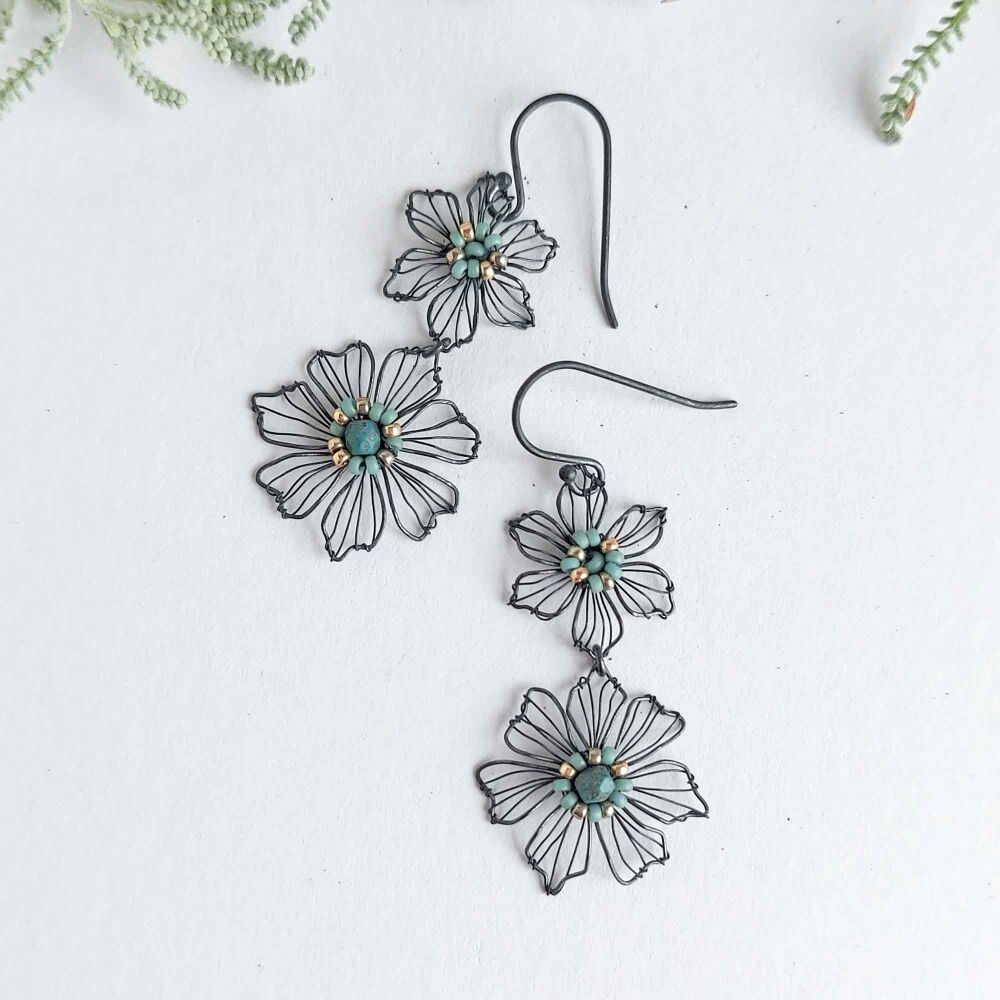 Beaded Double Flower Silver Earrings - More Colours