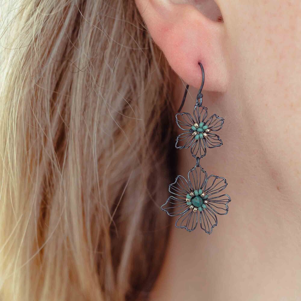 Beaded Double Flower Silver Earrings - More Colours