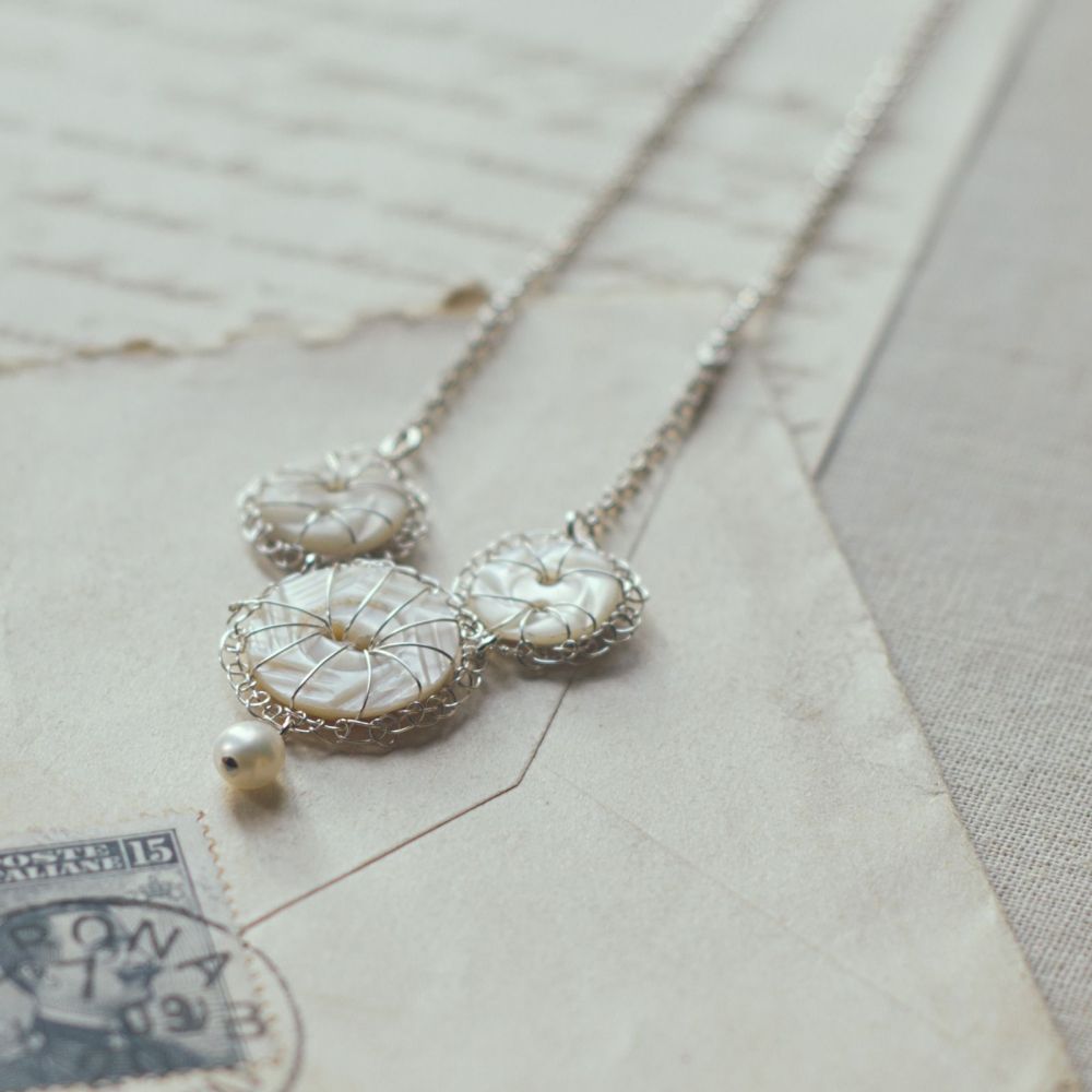 Vintage Petite triple button necklace with pearl drop