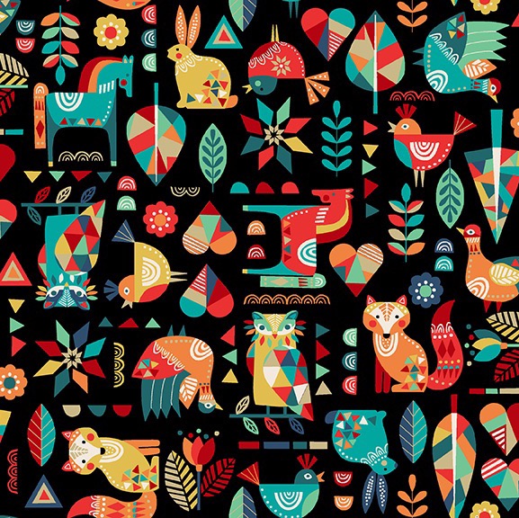 Last Fat Quarter - Makower - Folk Friends - No. 2300/X Animals (Black)