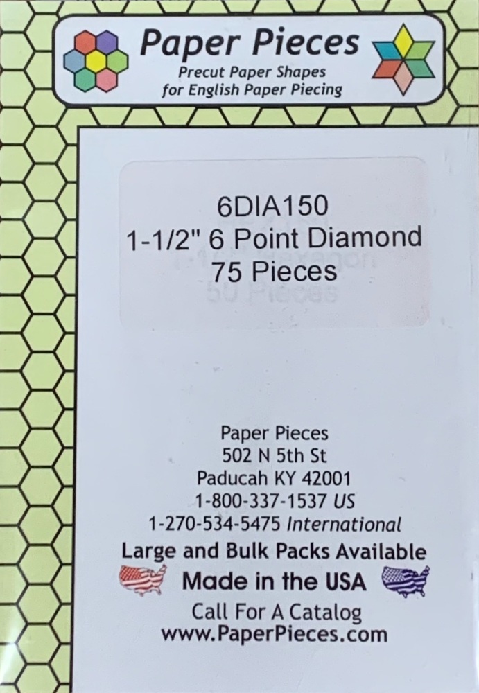 1 ½" 6 Point (60 Degree) Diamond Paper Pieces - 75 pieces (6DIA150)