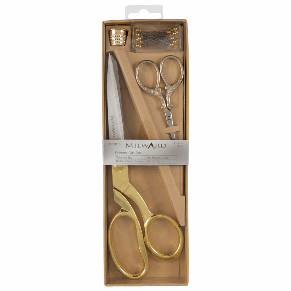 Scissors Gift Set - Gold - Dressmaking (21.5cm) and Embroidery (9.5cm), Thimble & Pins (Milward)