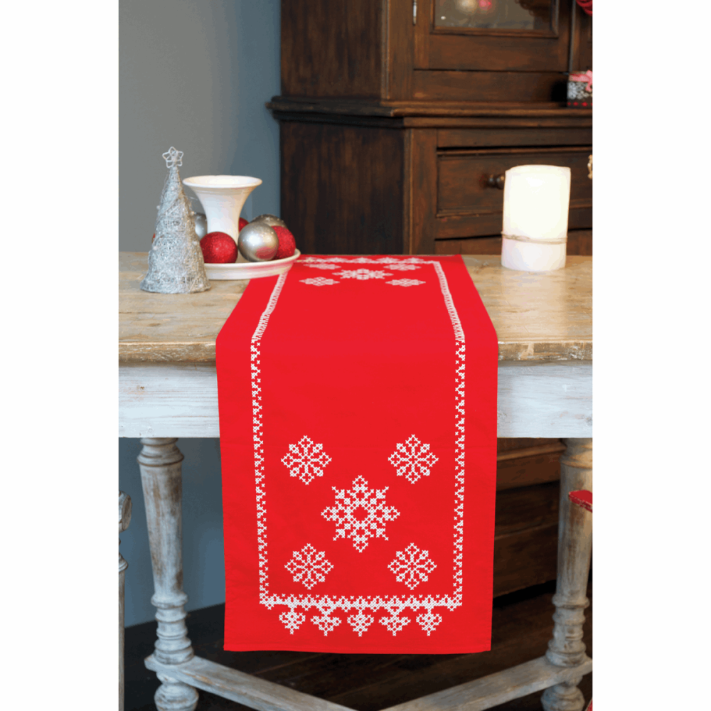 Embroidery  Kit - Festive Red Snowflakes Runner - Vervaco PN-0012919