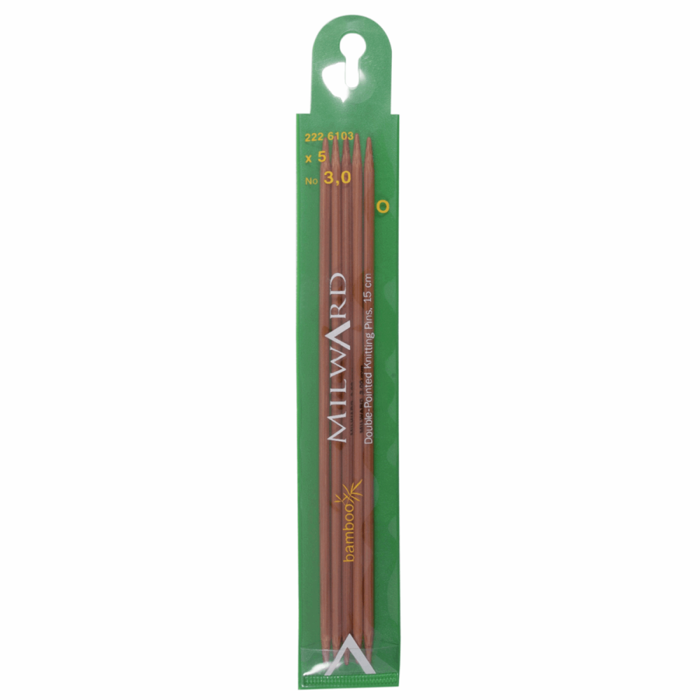 Double-Ended Knitting Pins - Bamboo - 3.00mm x 15mm - Set of Six (Milward)