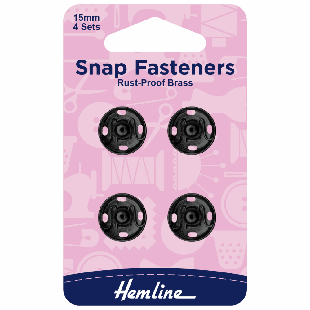 Snap Fasteners - Sew-on - Black (Brass) - 15mm (Hemline)
