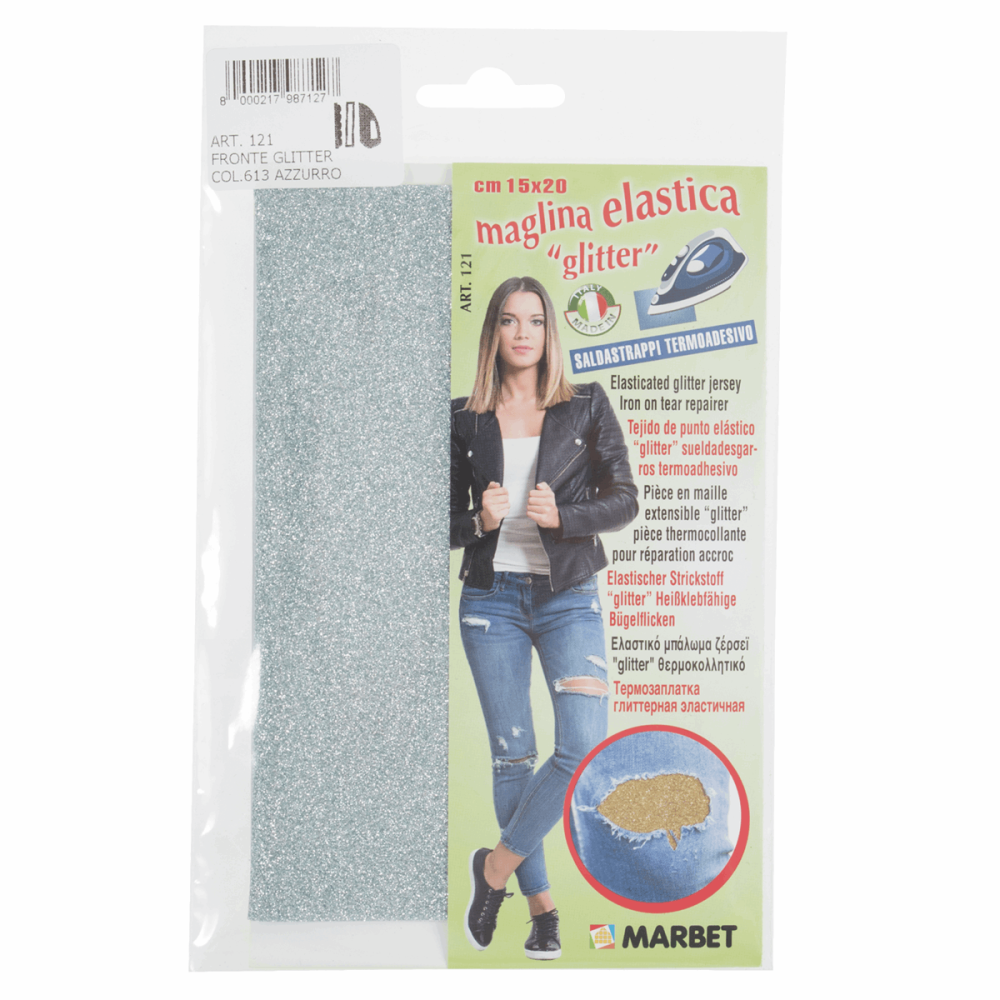 SALE! Stretch Jersey Glitter Patch - Iron-On - Silver Light Blue - 15 x 20cm (Marbet)