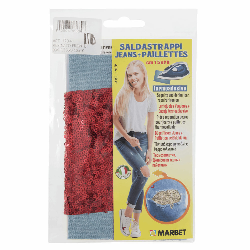 Denim Patch with Sequins - Iron-On - Light Blue & Red - 20 x 15cm (Marbet)