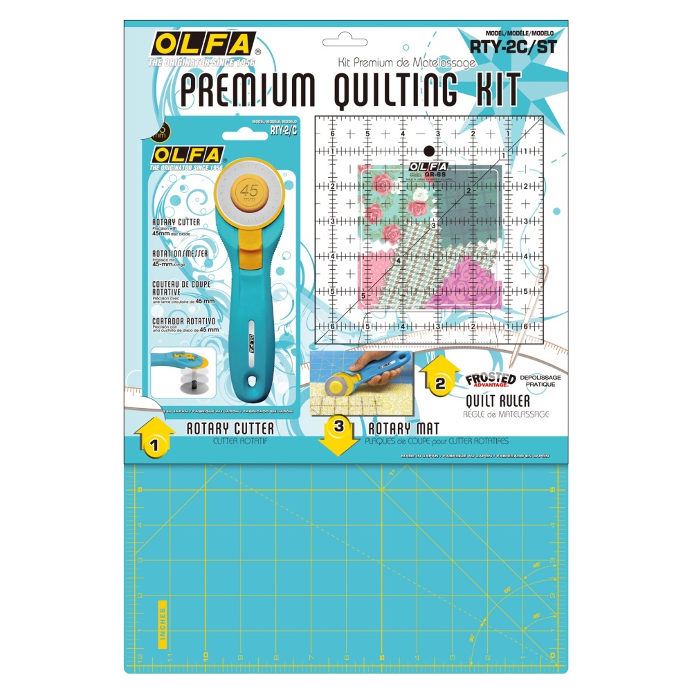 Premium Quilting Kit - Rotary Cutter, Mat & Ruler - Aqua (Olfa)