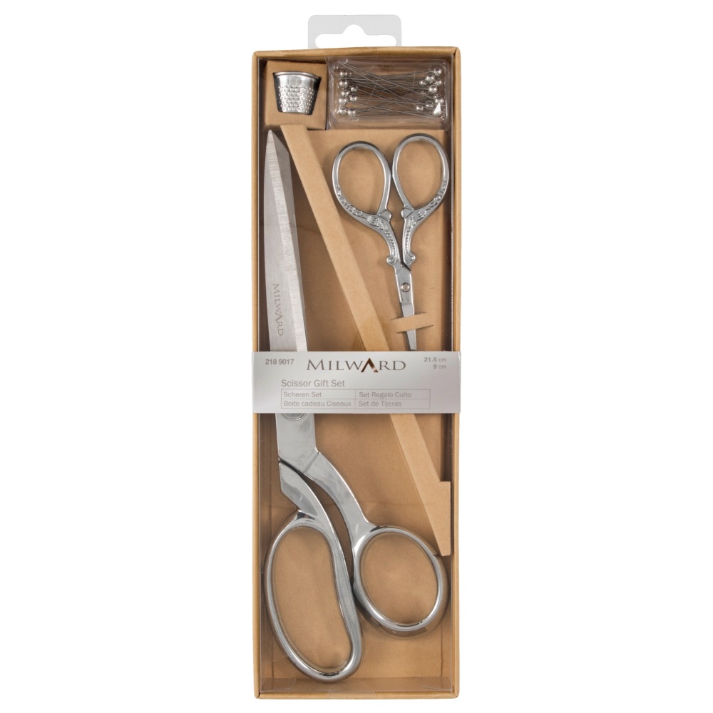 Scissors Gift Set - Silver - Dressmaking (21.5cm) and Embroidery (9.5cm), Thimble & Pins (Milward)