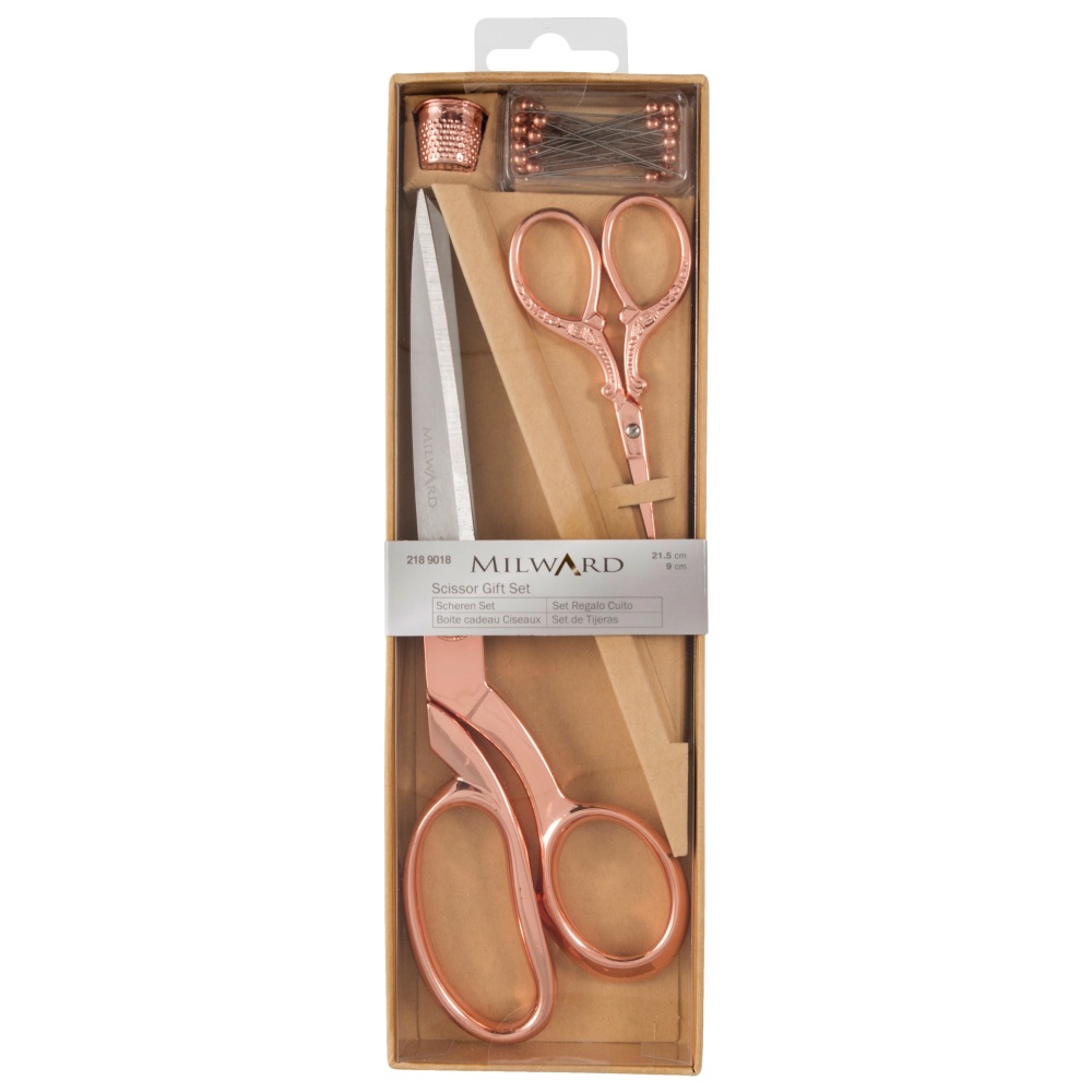 Scissors Gift Set - Rose Gold  - Dressmaking (21.5cm) and Embroidery (9.5cm), Thimble & Pins (Milward)