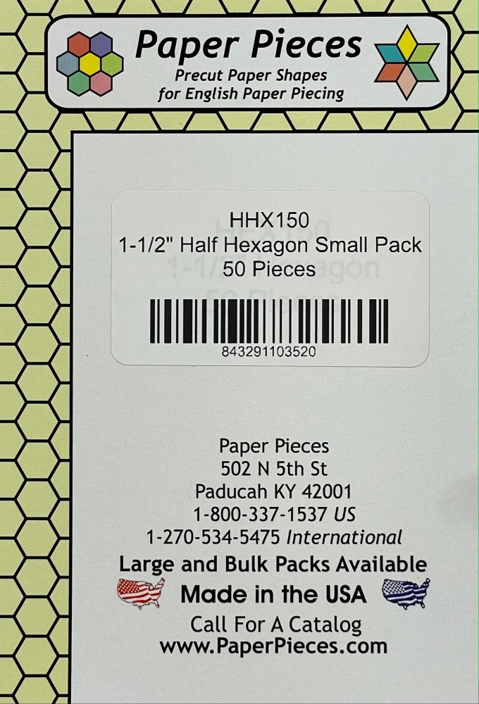 1 ½" Half Hexagon Paper Pieces - 50 pieces (HHX150)