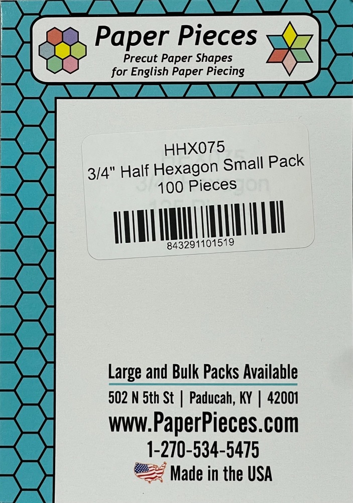 ¾" Half Hexagon Paper Pieces - 100 pieces (HHX075)