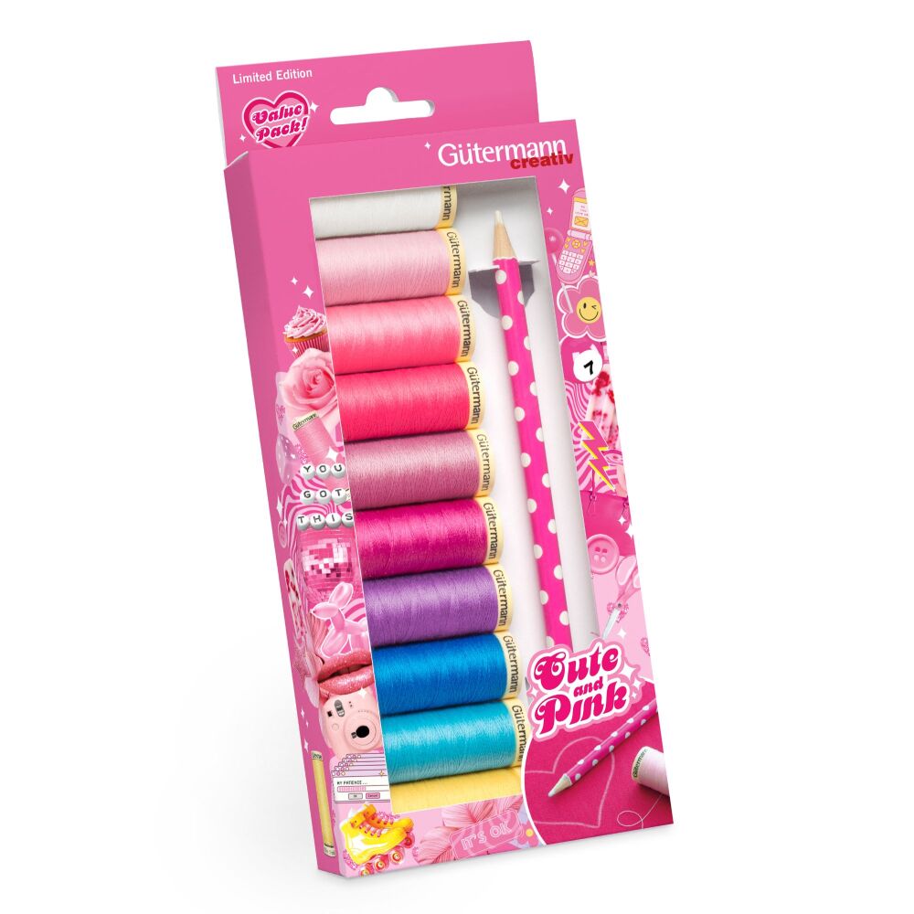 Gutermann Thread Set - Cute and Pink - Sew-All 100m x 10 + Marking Pencil (734589)