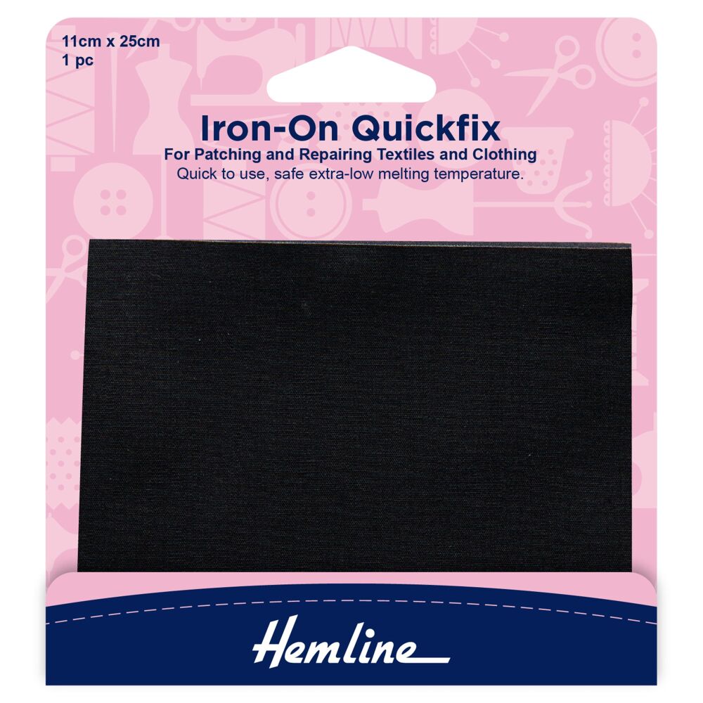 Iron-On Quickfix - 100% Cotton Fabric - Black - 11cm x 25cm - Hemline (H692/BLACK)