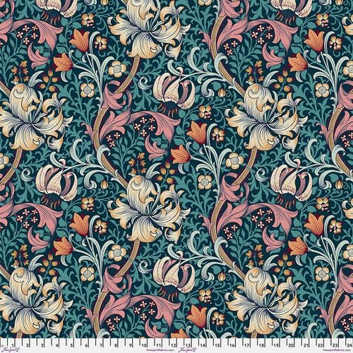 *COMING SOON - NOT YET AVAILABLE TO PURCHASE* - Morris & Co - Red House - Golden Lily (Teal) - QBWM007.TEAL - Quilt Backing