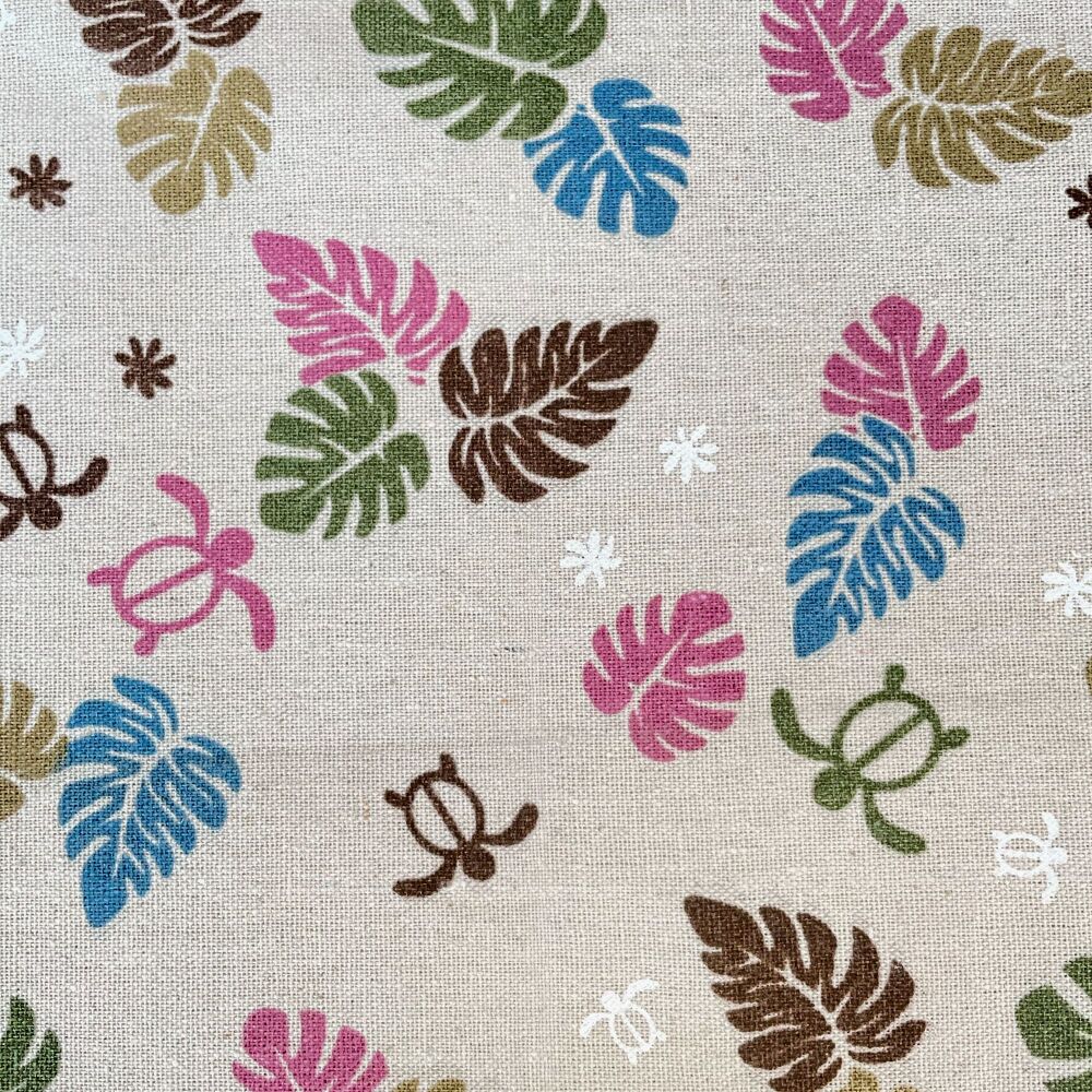 Hessian-style Printed Fabric - Leaves & Turtles