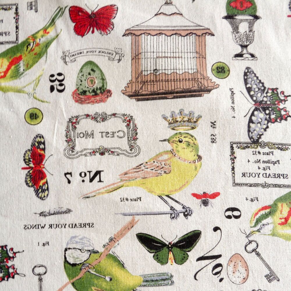 Hessian-style Printed Fabric - Vintage Birds & Butterflies