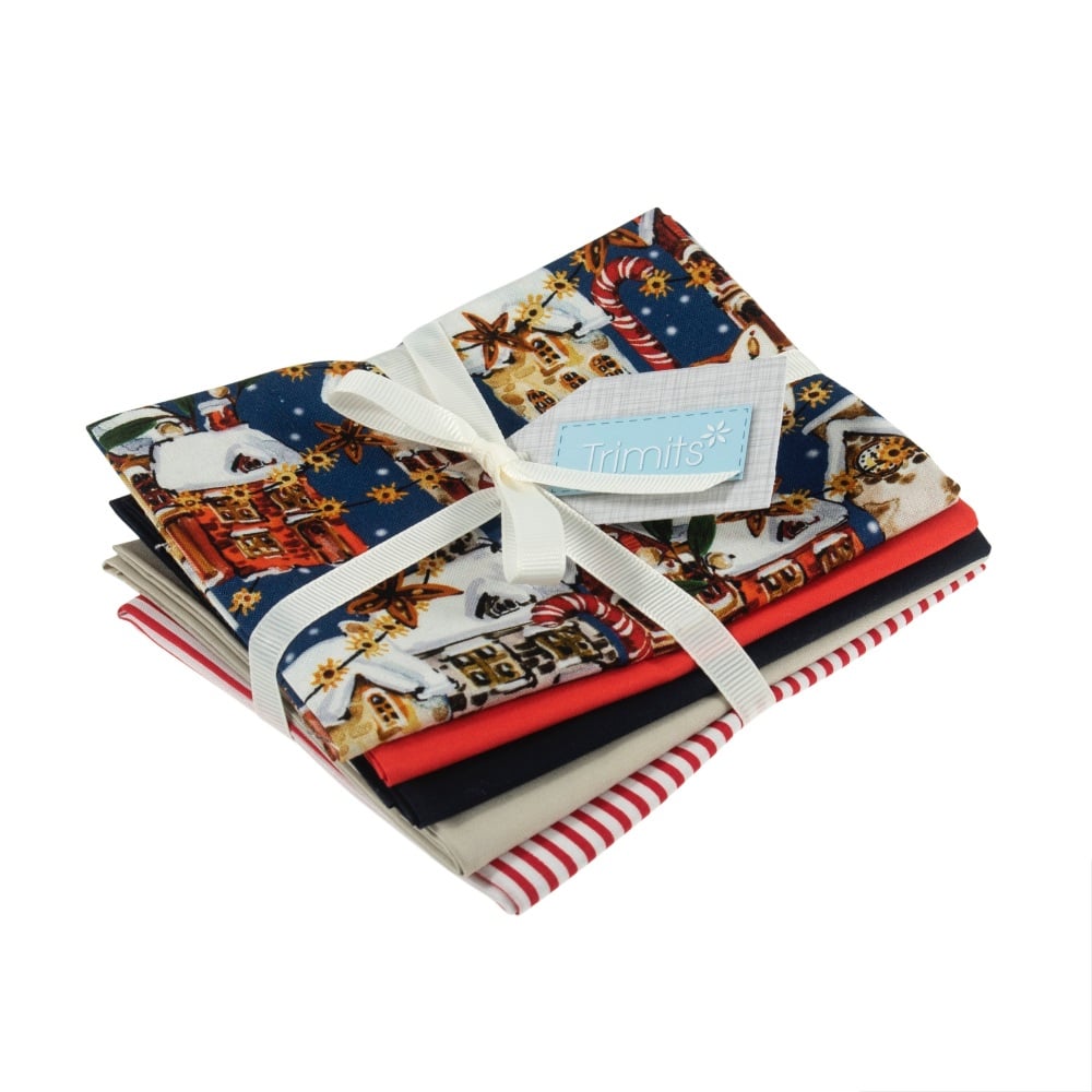 Christmas Fat Quarter Bundle - Navy Street Scene - 5 Fat Quarters (Imperial Size: 18" x 22") - Trimits Fabrics