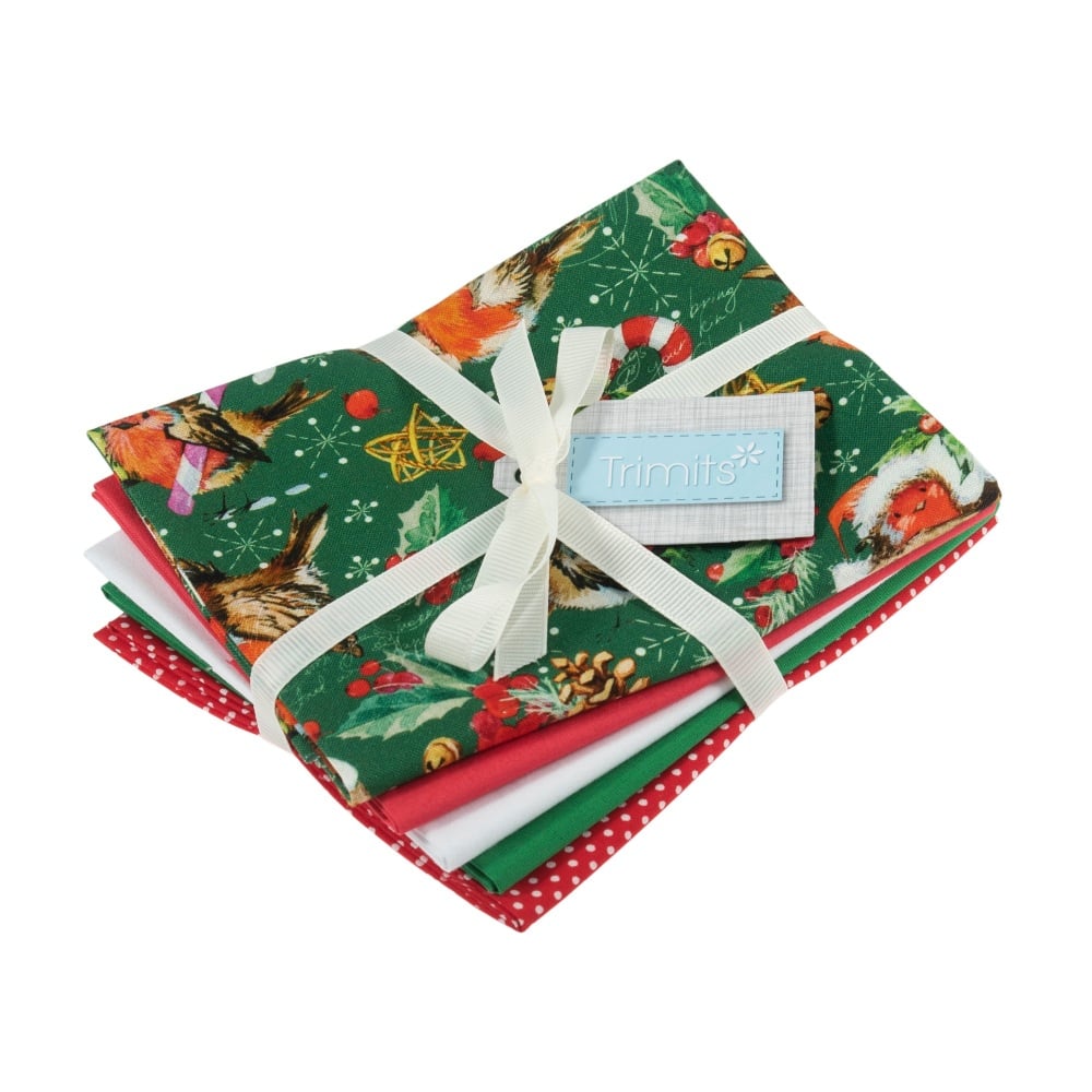Christmas Fat Quarter Bundle - Green Robins - 5 Fat Quarters (Imperial Size