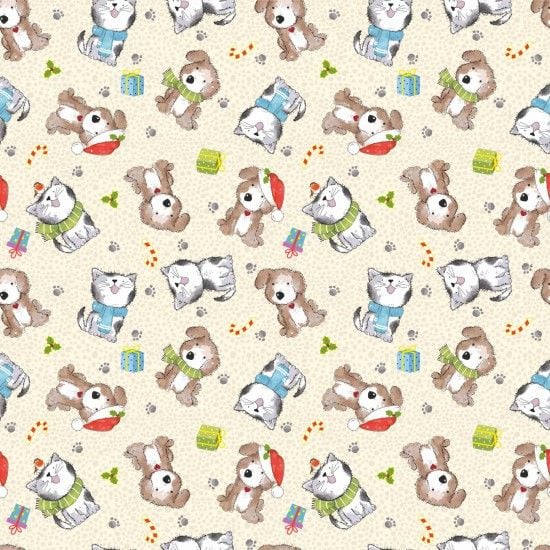 Festive Cats & Dogs - Cream / Gold Metallic (Col. 101) - Nutex Fabrics