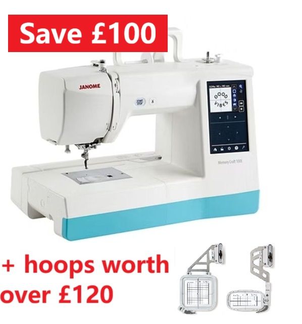 Janome Memory Craft 100e - save £100 (usual price £989) + free embroidery hoops worth £120