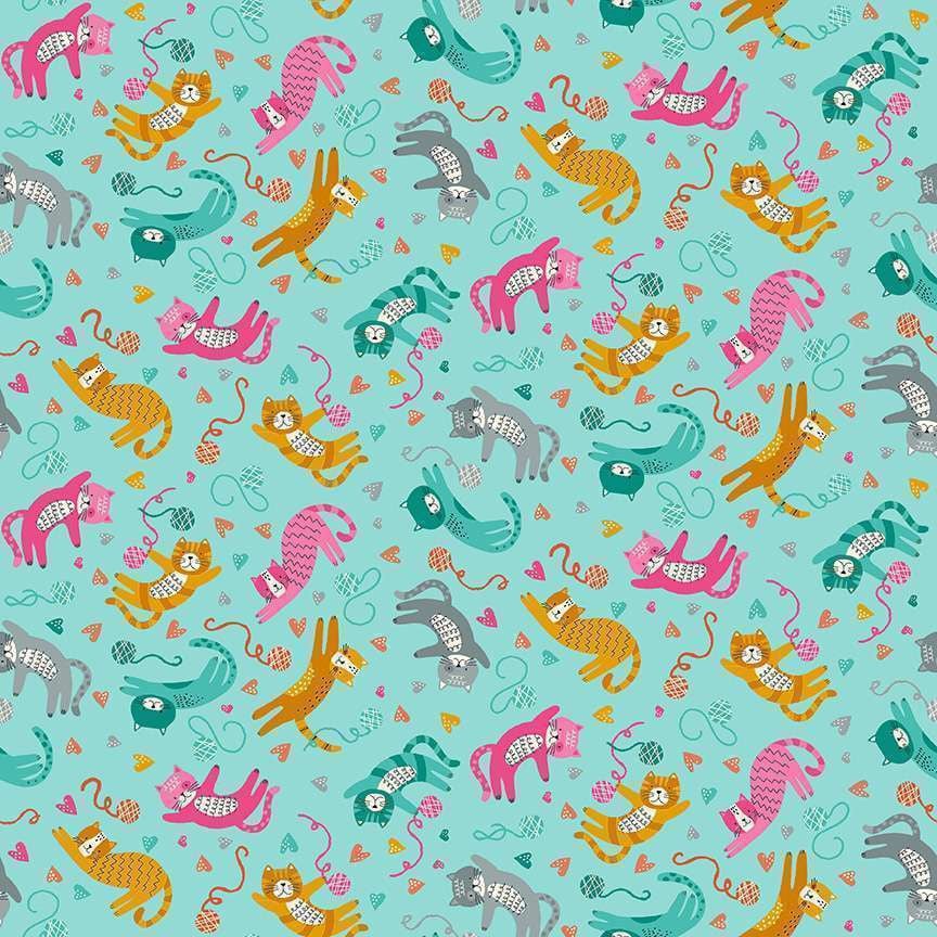 Last Fat Quarter - Makower - Whiskers - Playful Cats - 008/T (Teal) (2 available)
