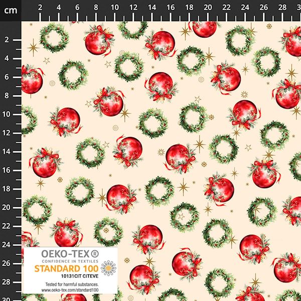 *COMING SOON - NOT YET AVAILABLE TO PURCHASE* - Vintage Christmas by Stof Fabrics - Baubles & Wreaths (Cream) - 4504-173