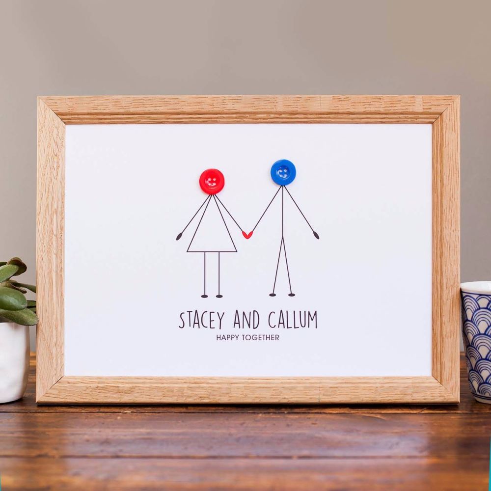 personalised happy couple button people print (unframed)