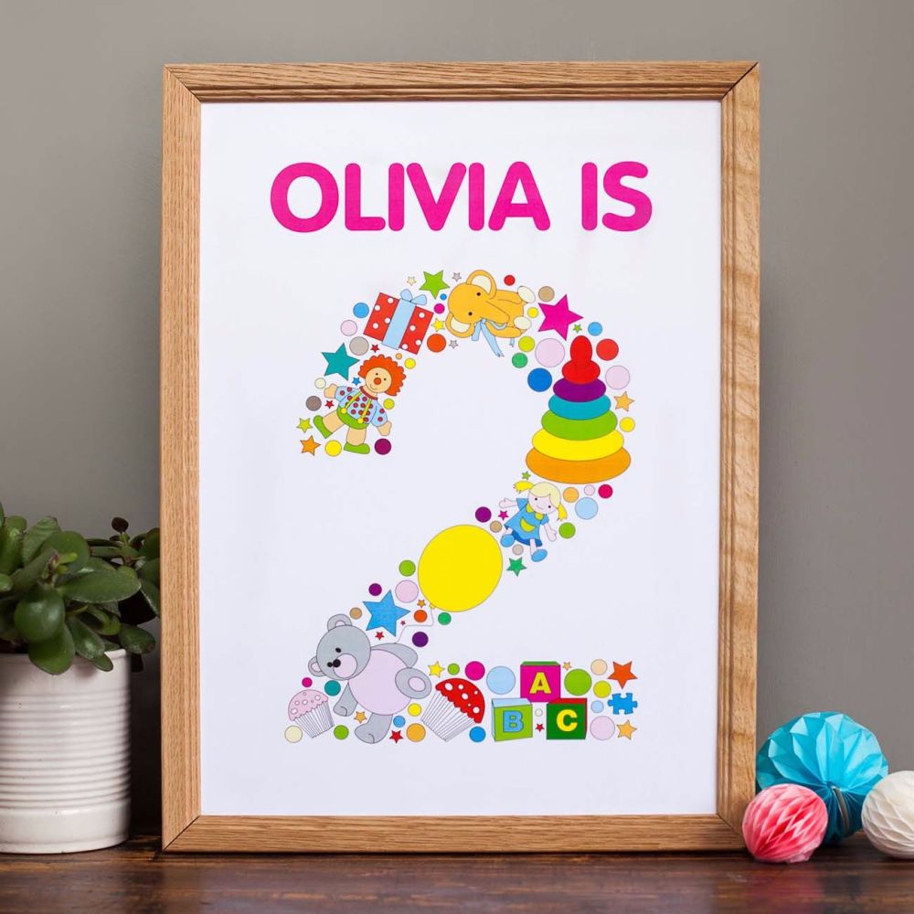 personalised childs 2nd birthday print for girls room or nursery (unframed)