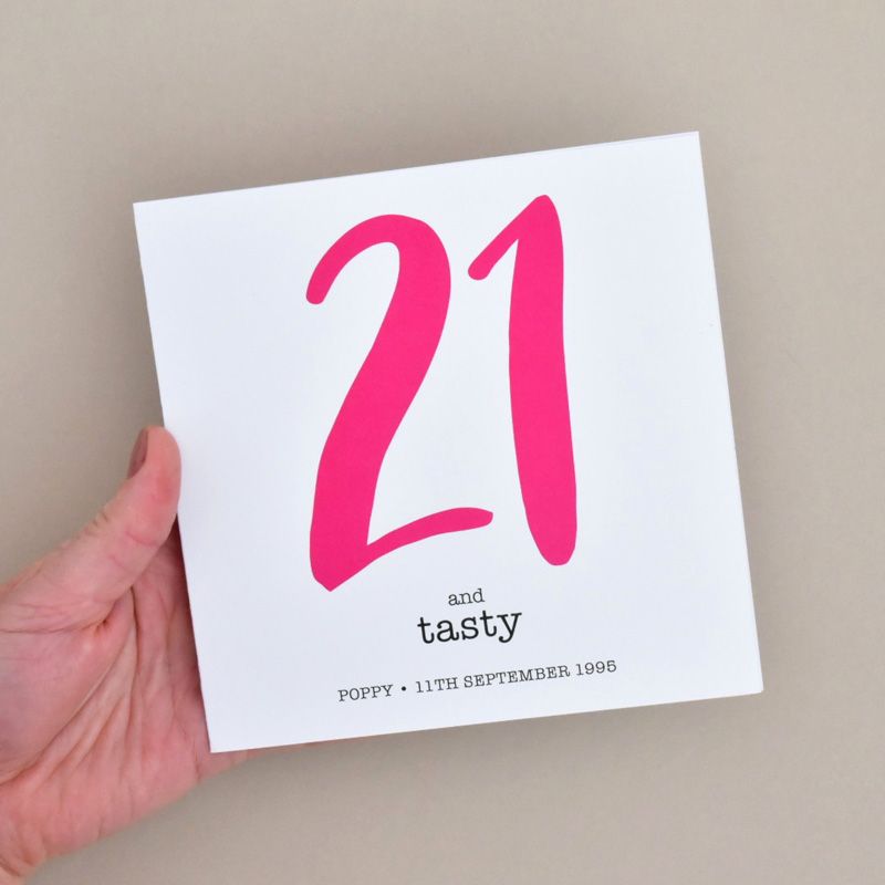 21 and tasty personalised birthday card with name and date of birth