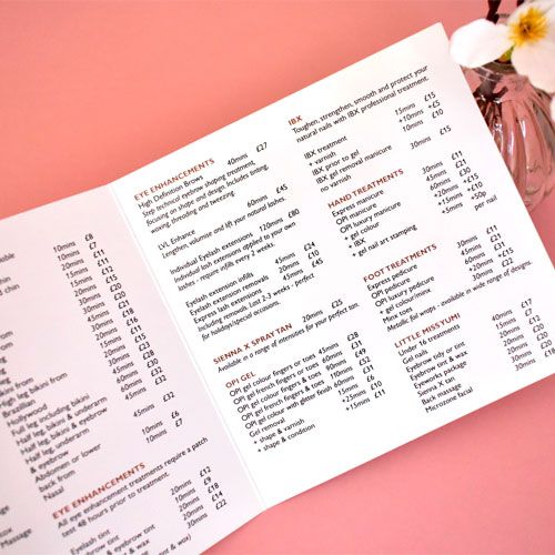 inside of services brochure for beauty business
